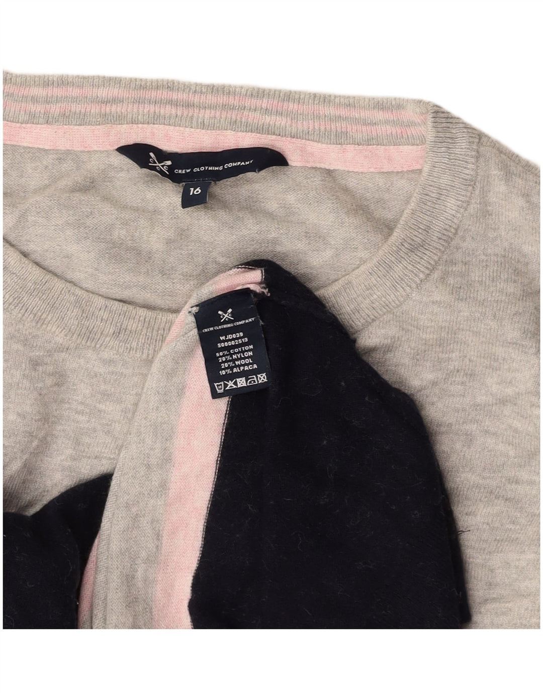 Suéter feminino CREW CLOTHING com gola redonda UK 16 bloco colorido cinza grande