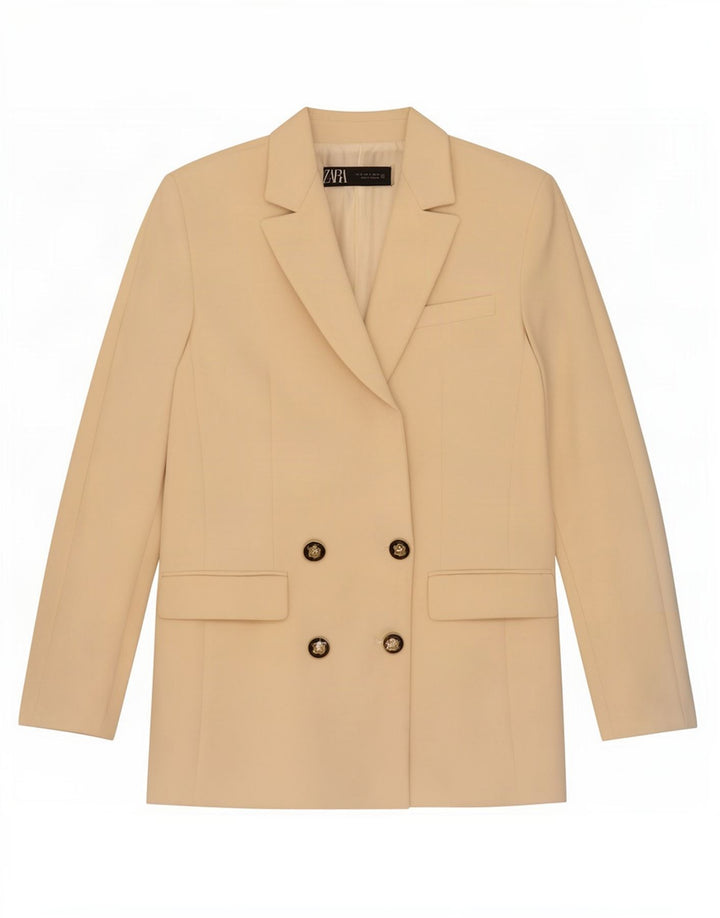 Jaqueta blazer feminina Zara com peito duplo Reino Unido 10 poliéster bege pequeno