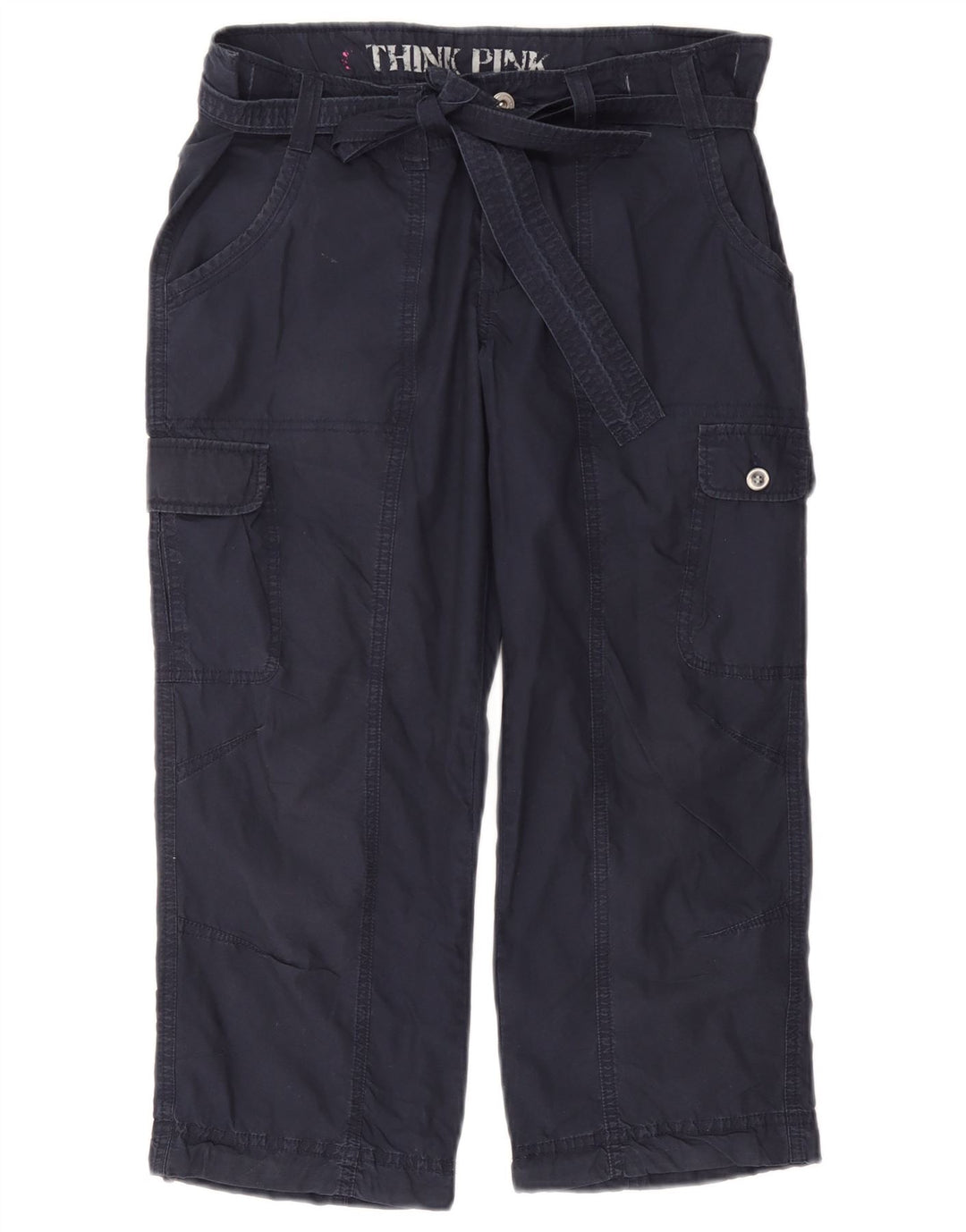 Calça capri cargo reta feminina Think Pink grande W32 L22 azul marinho