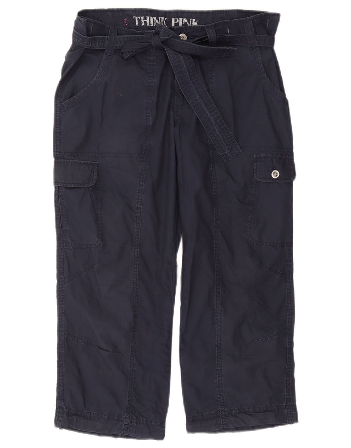Calça capri cargo reta feminina Think Pink grande W32 L22 azul marinho