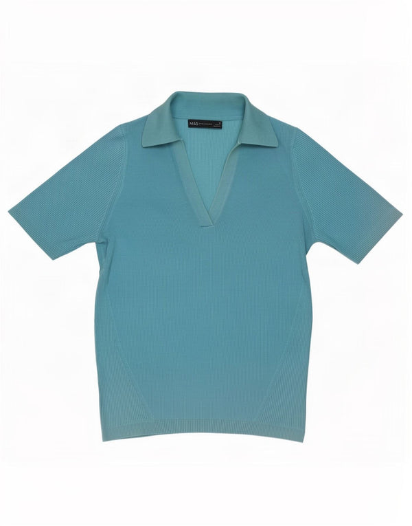 Camisa polo feminina de manga curta Marks & Spencer Reino Unido 12 algodão azul médio