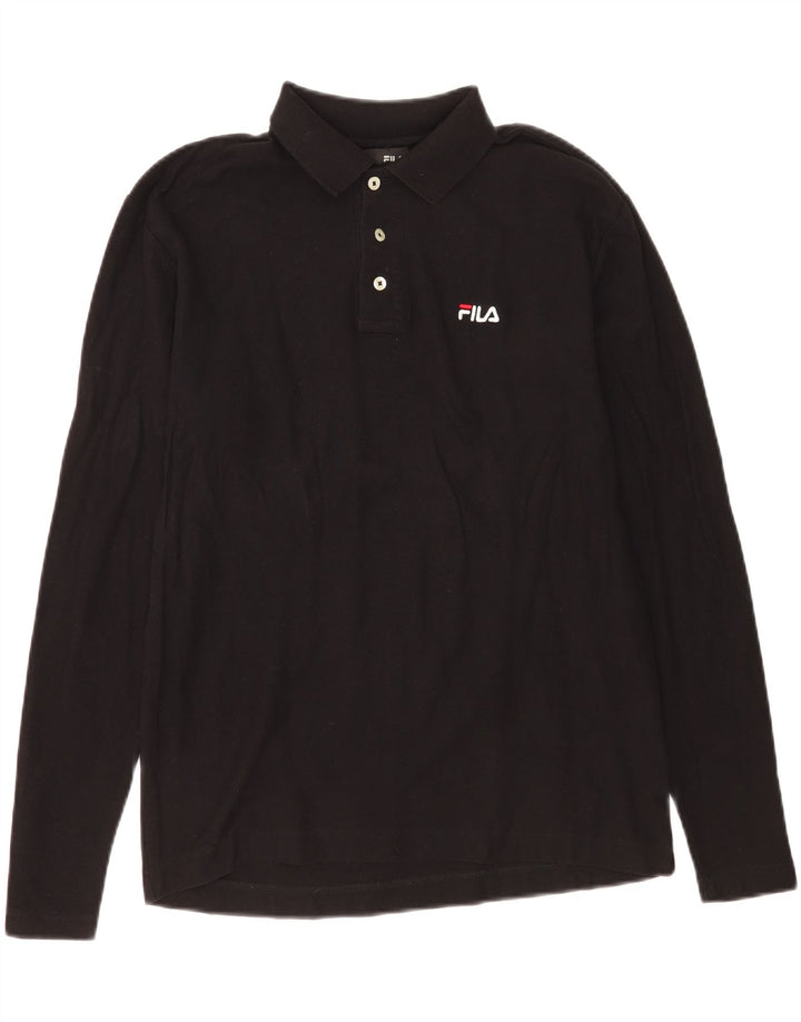 Camisa polo masculina Fila de manga comprida de algodão preto médio