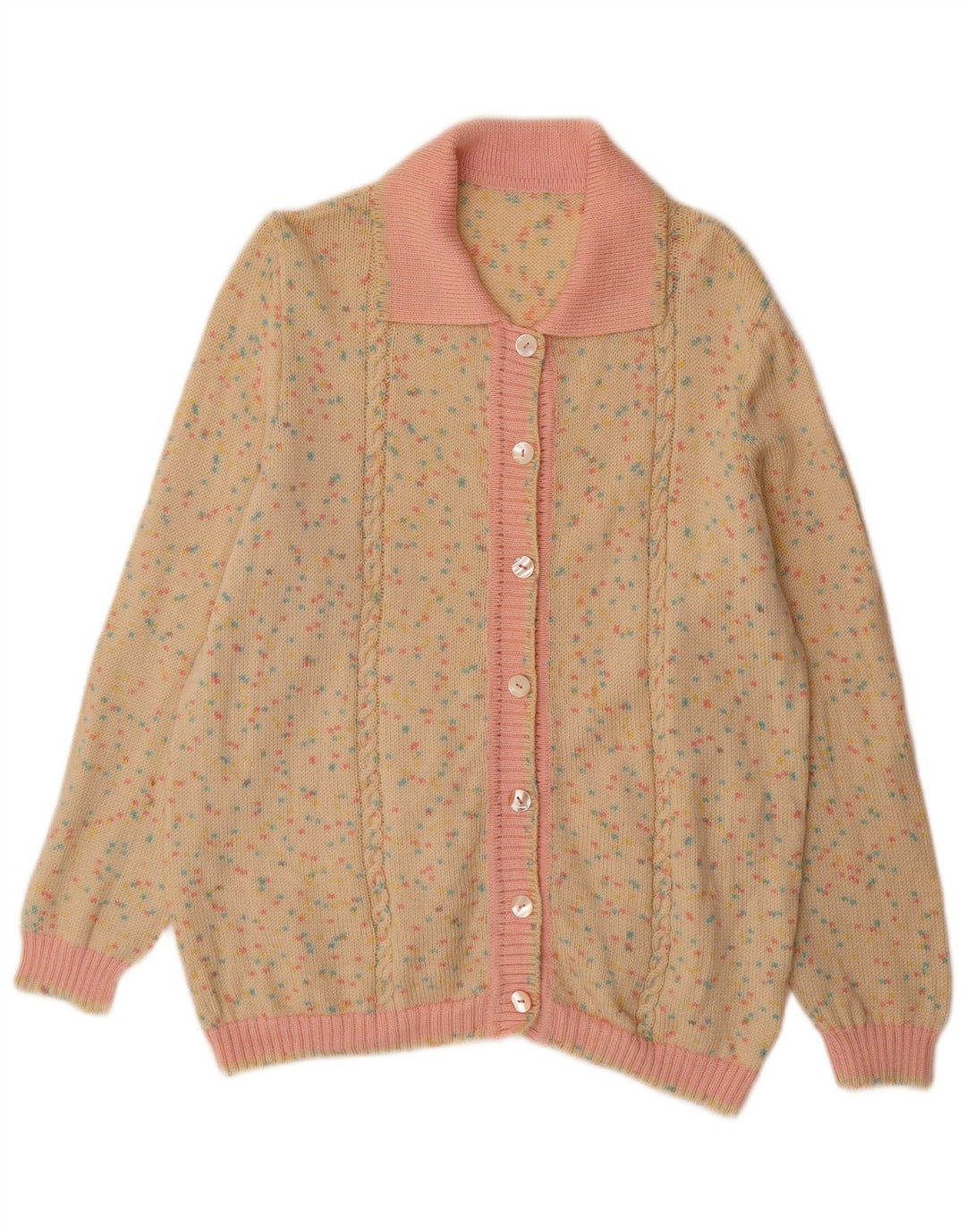 Suéter cardigã feminino VINTAGE Reino Unido 14 médio bege manchado