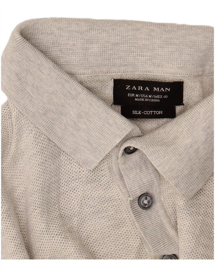 Zara Suéter masculino de manga curta com gola polo cinza médio manchado