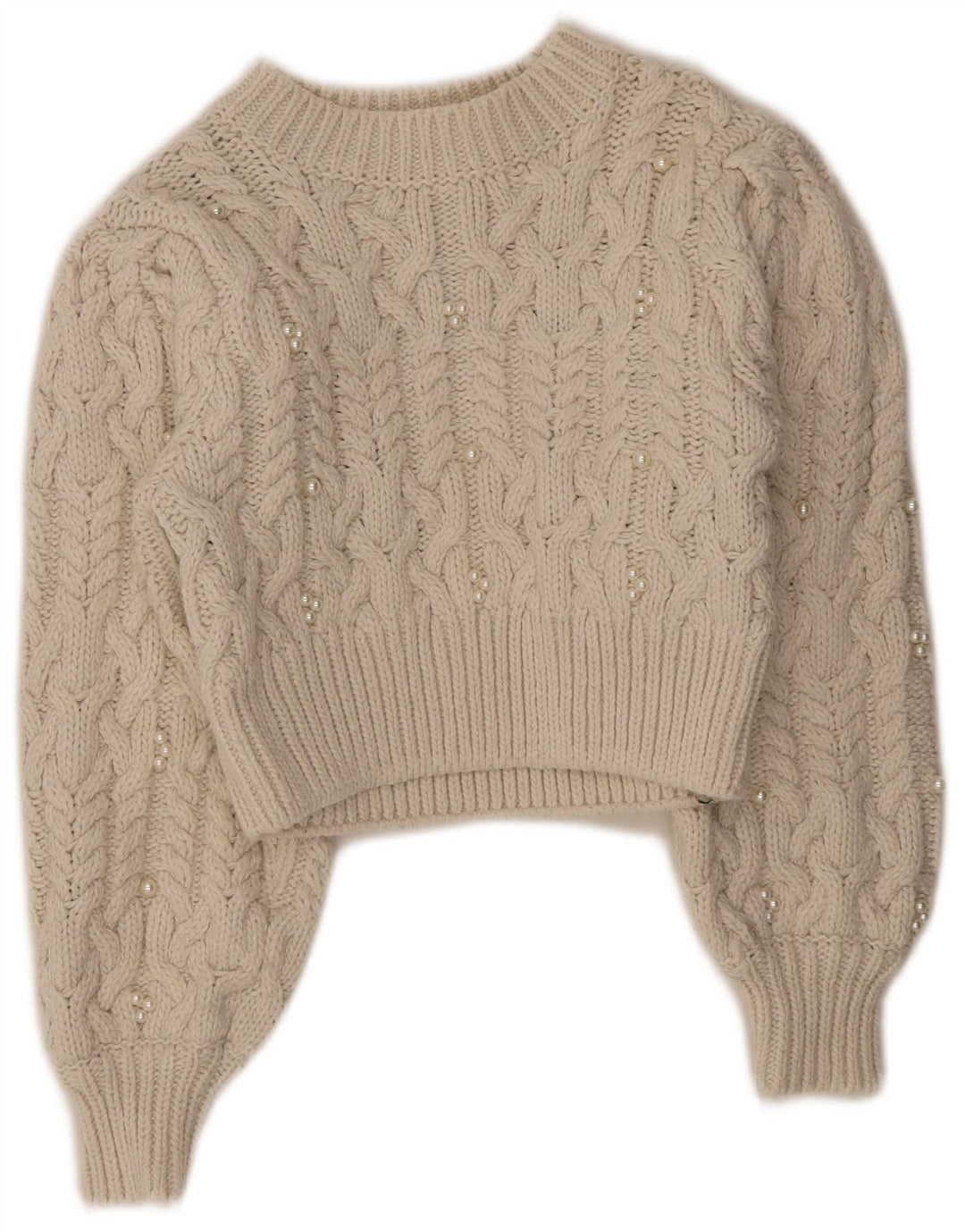 Zara Suéter feminino cropped com gola redonda Reino Unido 8 pequeno poliéster branco