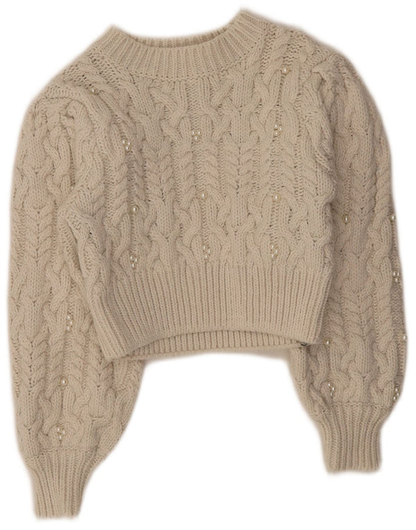 Zara Suéter feminino cropped com gola redonda Reino Unido 8 pequeno poliéster branco