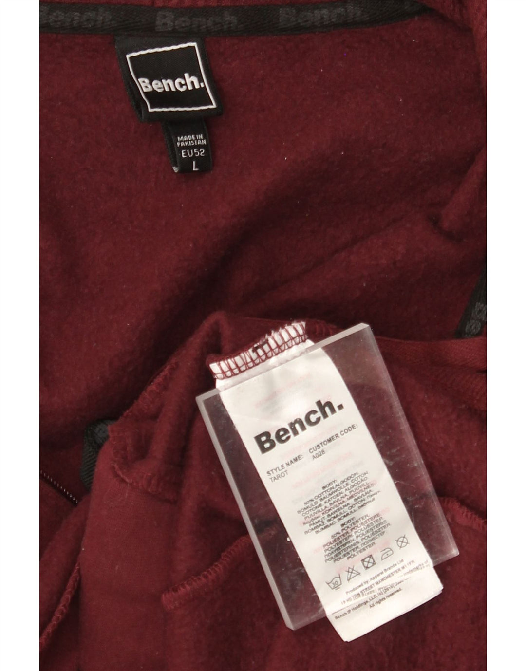 Suéter masculino com capuz e zíper gráfico BENCH EU 52 grande algodão borgonha