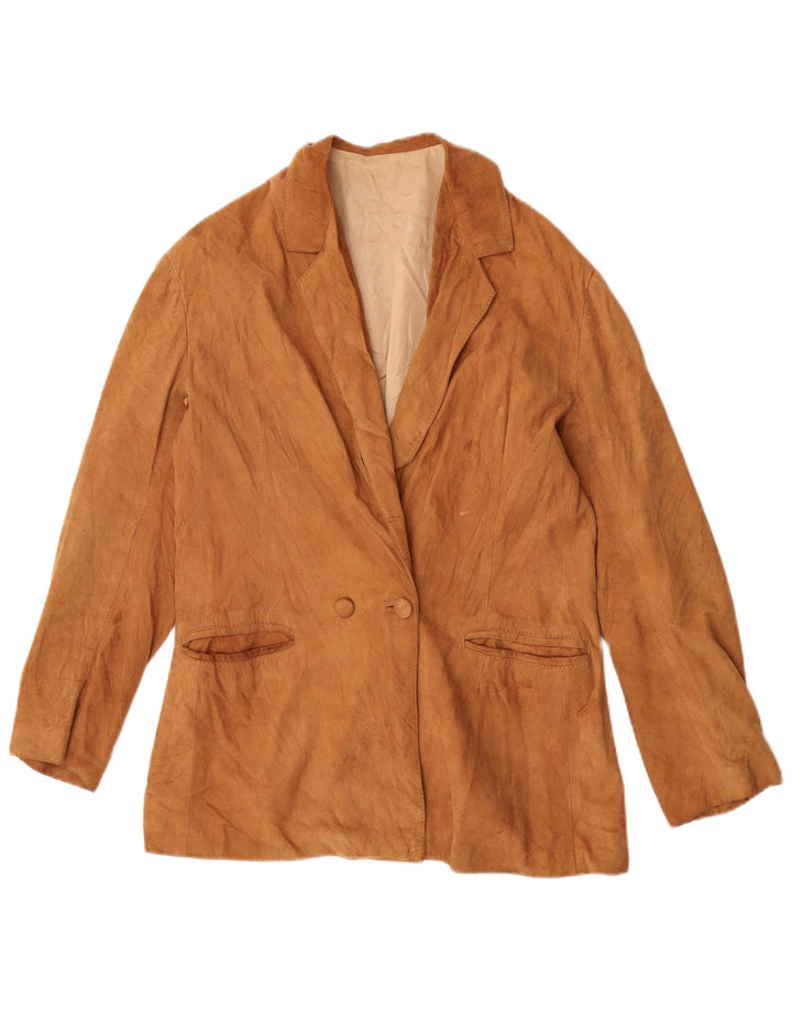 Jaqueta blazer feminina vintage de camurça com peito duplo Reino Unido 12 bege médio