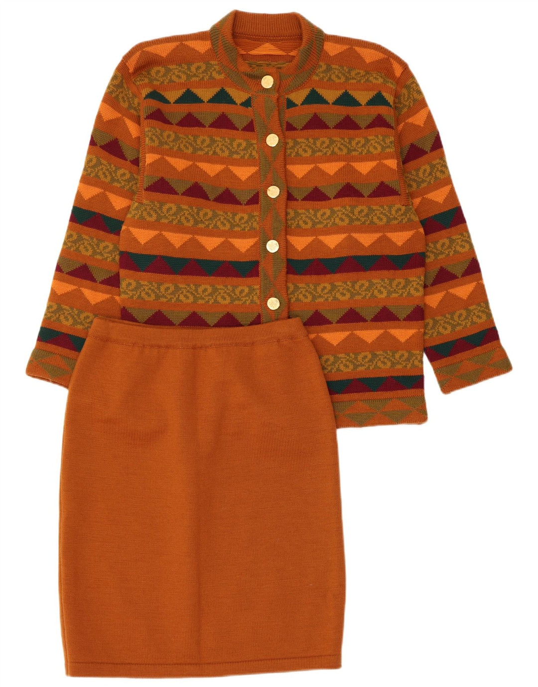 Conjunto de saia feminina VINTAGE de malha de 2 peças Reino Unido 14 médio W28 marrom geométrico