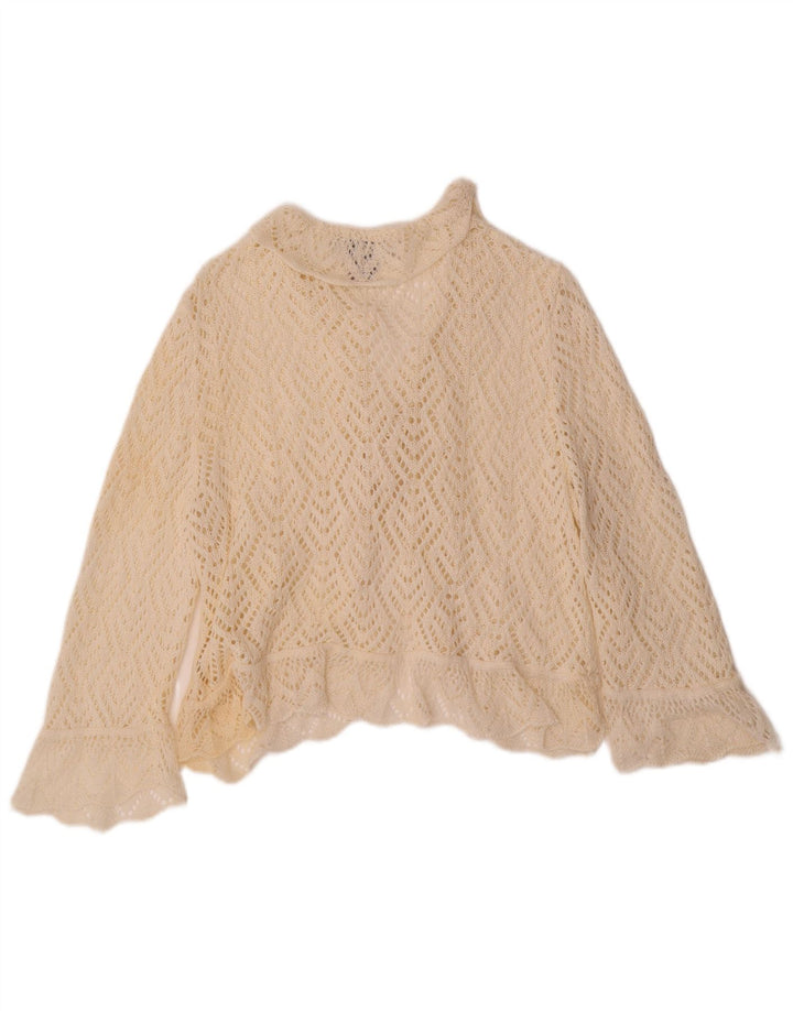 Suéter cardigã feminino vintage de crochê manga 3/4 Reino Unido 18 XL off white