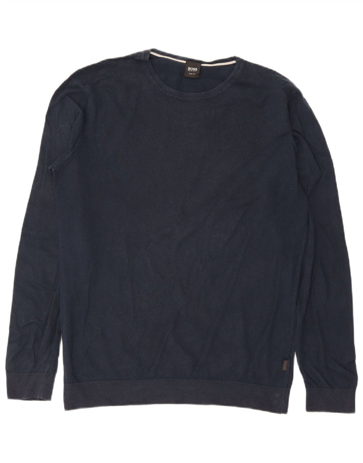 Suéter masculino Hugo Boss com gola redonda grande azul marinho