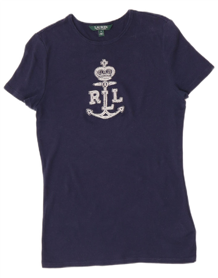 Camiseta feminina Ralph Lauren com estampa gráfica Reino Unido 12 algodão azul marinho médio