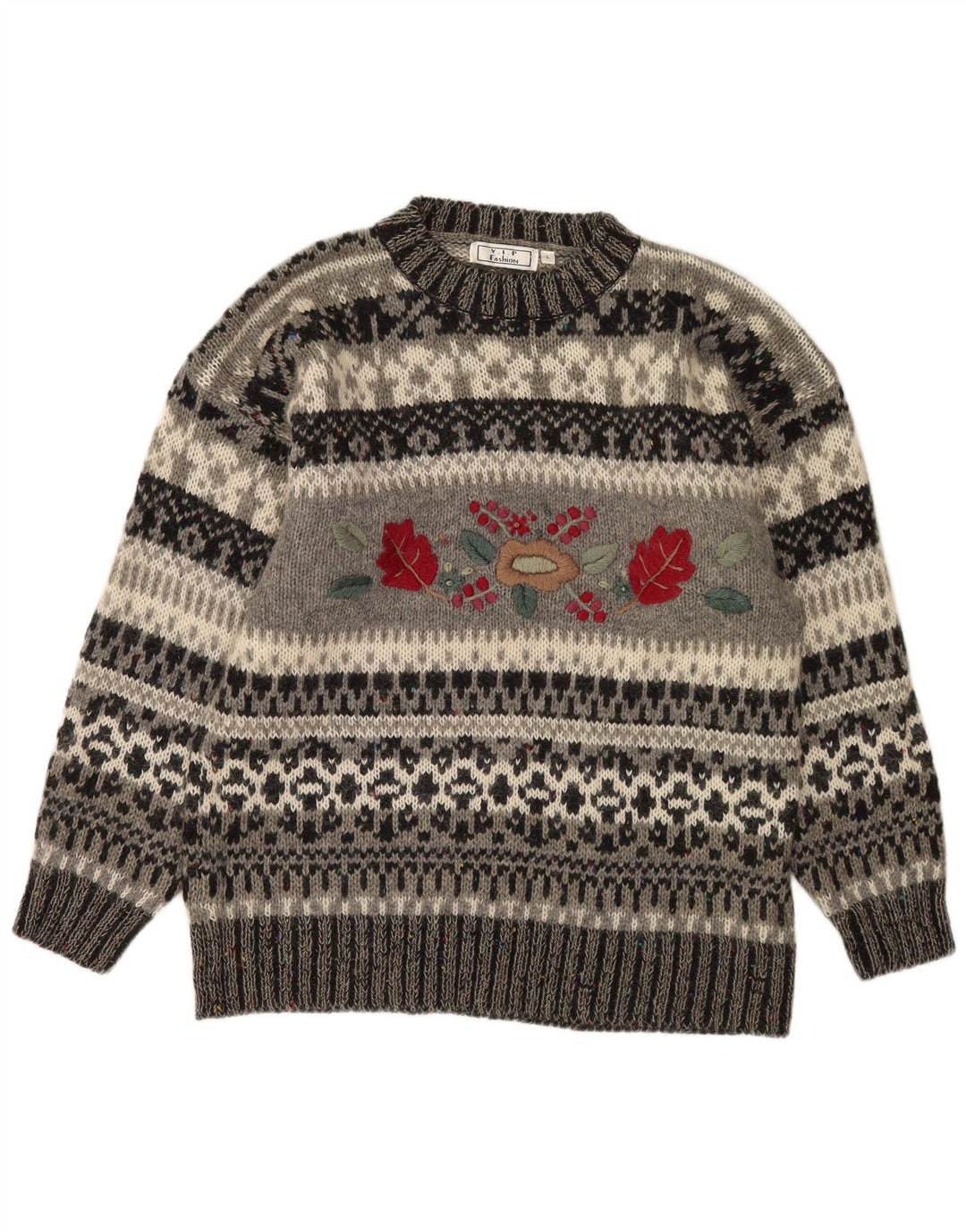 Suéter vintage masculino com gola redonda grande cinza Fair Isle poliacrílico