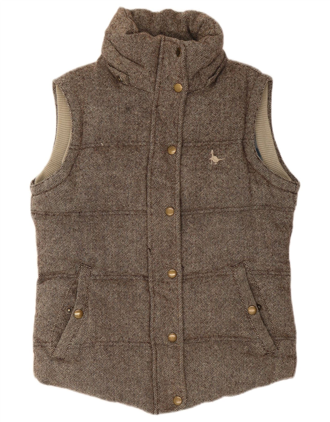 Colete acolchoado feminino Jack Wills Reino Unido 8 lã manchada marrom pequena