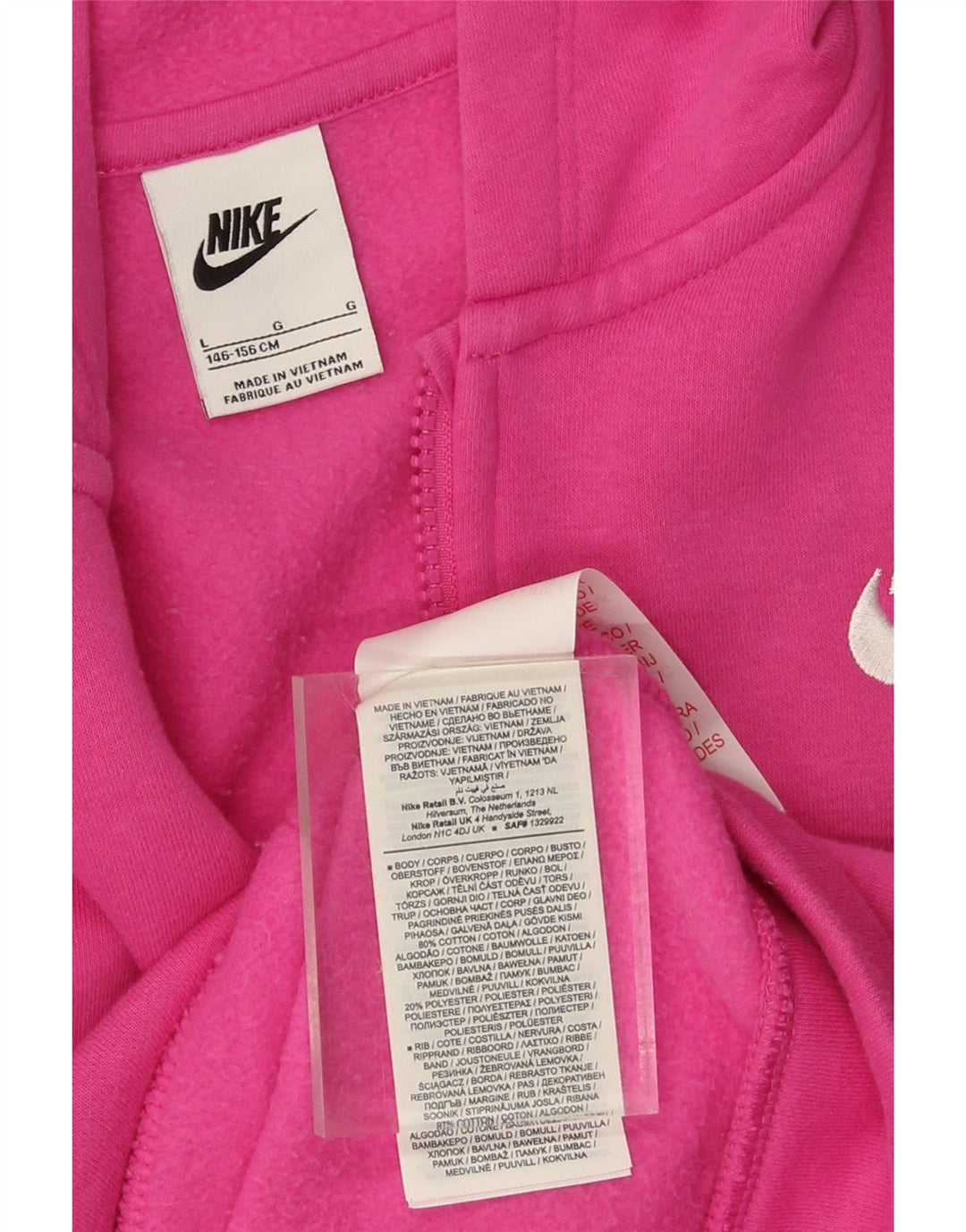 NIKE Girls Zip Hoodie Sweater 12-13 Years Large Pink Cotton Vintage Nike and Second-Hand Nike from Messina Hembry 