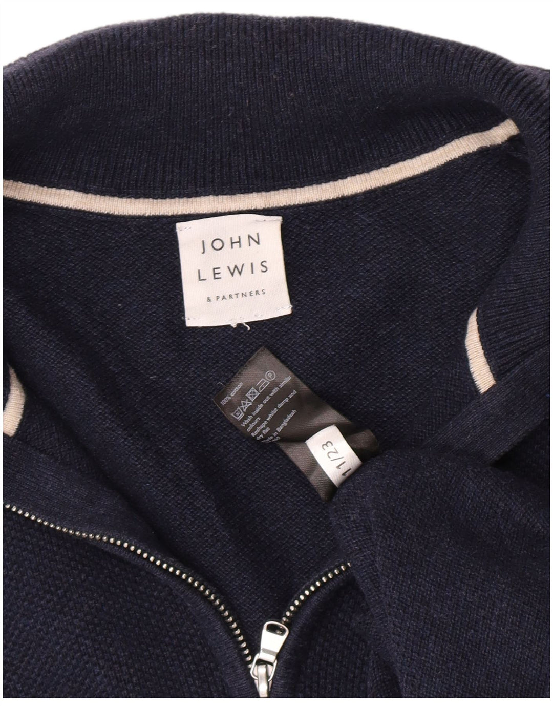 Suéter masculino John Lewis com zíper e gola alta de algodão azul marinho