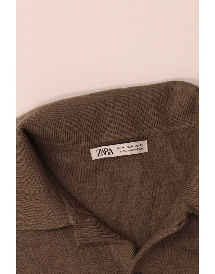 Zara Camisa polo masculina de manga comprida média marrom viscose