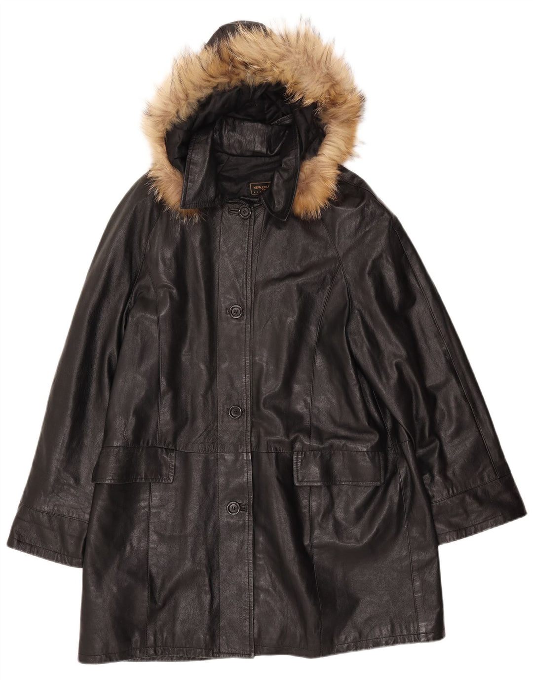 Casaco feminino de couro com capuz VINTAGE IT 52 2XL couro preto