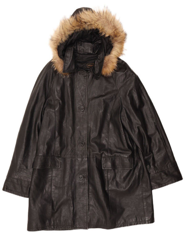 Casaco feminino de couro com capuz VINTAGE IT 52 2XL couro preto