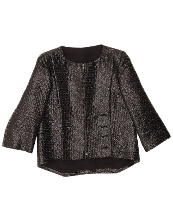 Jaqueta blazer feminina vintage manga 3/4 Reino Unido 12 médio preto geométrico