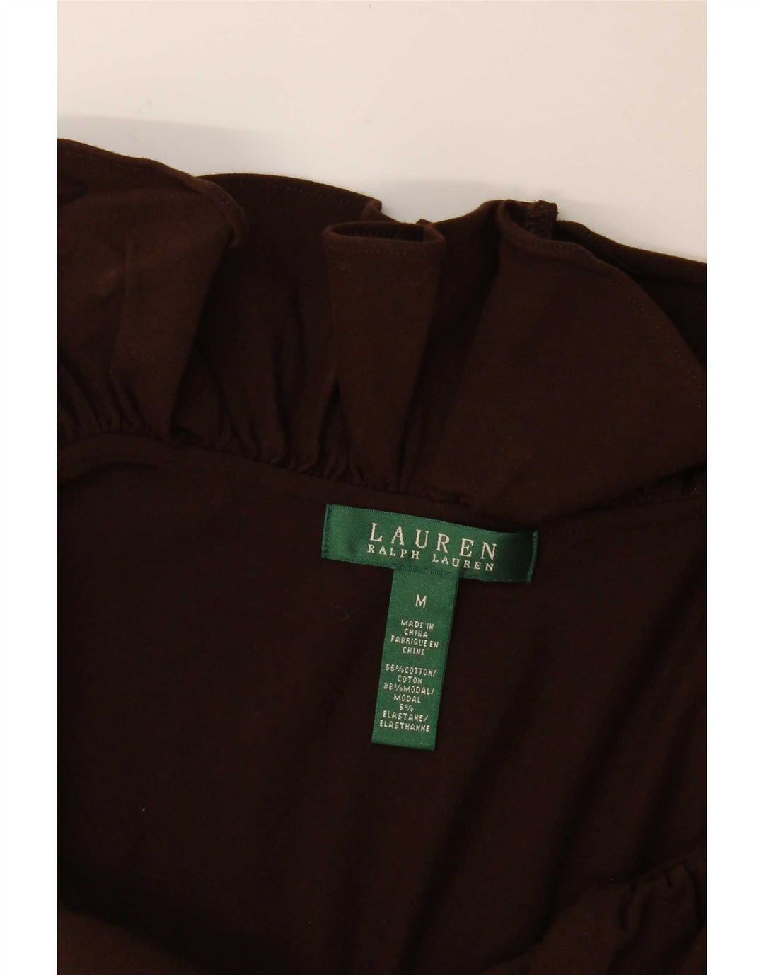 Vestido básico feminino Ralph Lauren sem mangas com babados na frente Reino Unido 12 médio marrom