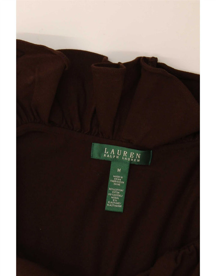 Vestido básico feminino Ralph Lauren sem mangas com babados na frente Reino Unido 12 médio marrom