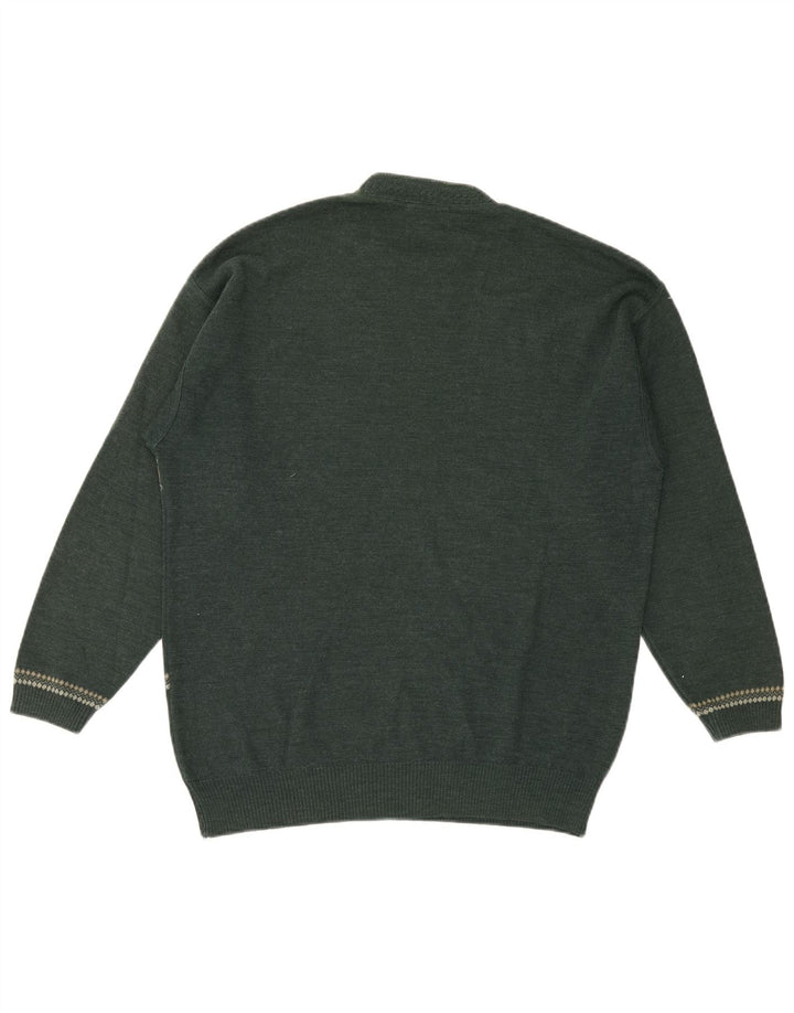 Suéter vintage masculino com gola redonda, lã geométrica verde média