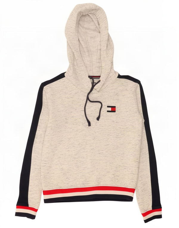 Tommy Hilfiger Crop Hoodie Jumper feminino UK 2 2XS cinza colorblock algodão
