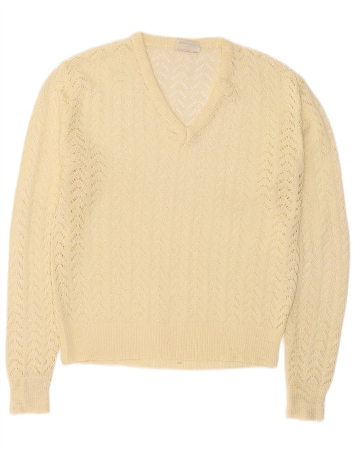 Suéter feminino vintage com decote em V IT 46 grande poliacrílico amarelo