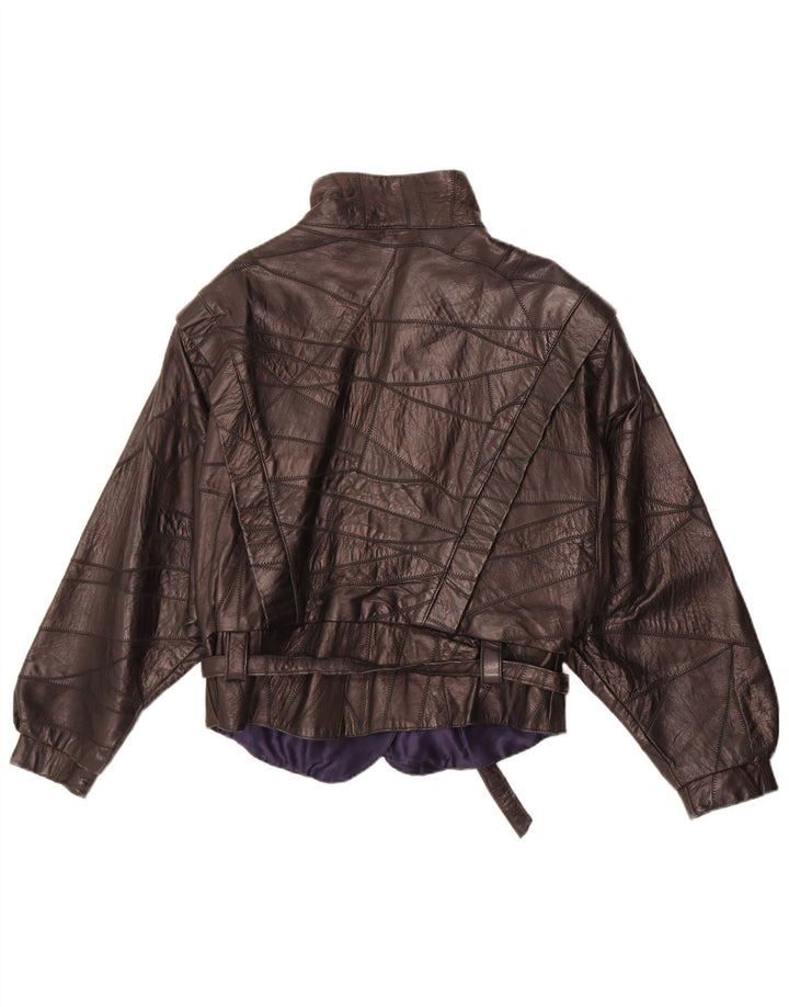 Jaqueta de couro feminina vintage UK 12 patchwork preto médio