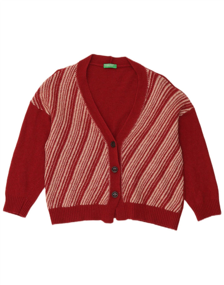 Suéter cardigã feminino oversized Benetton Reino Unido 14 lã listrada vermelha média