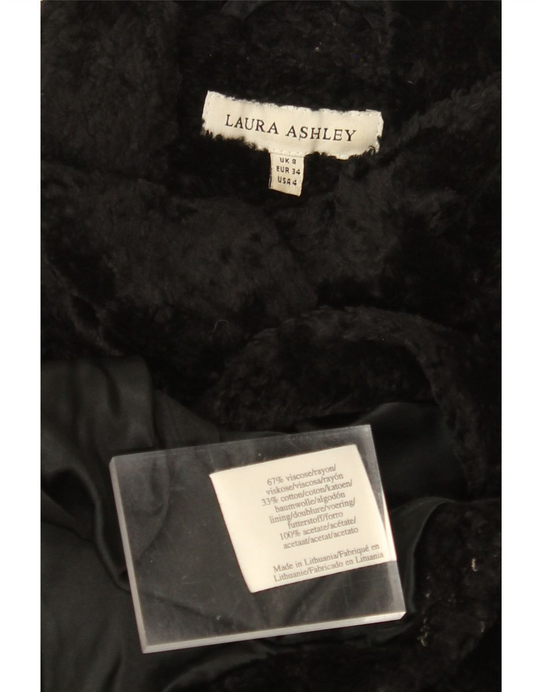 Sobretudo feminino de pele sintética LAURA ASHLEY UK 8 pequeno preto viscose