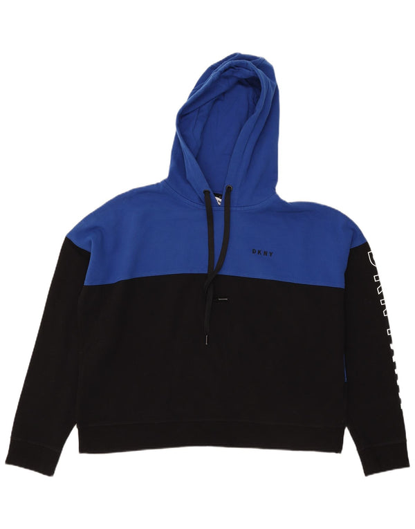 Dkny Suéter feminino com capuz e estampa gráfica UK 16 grande bloco colorido azul