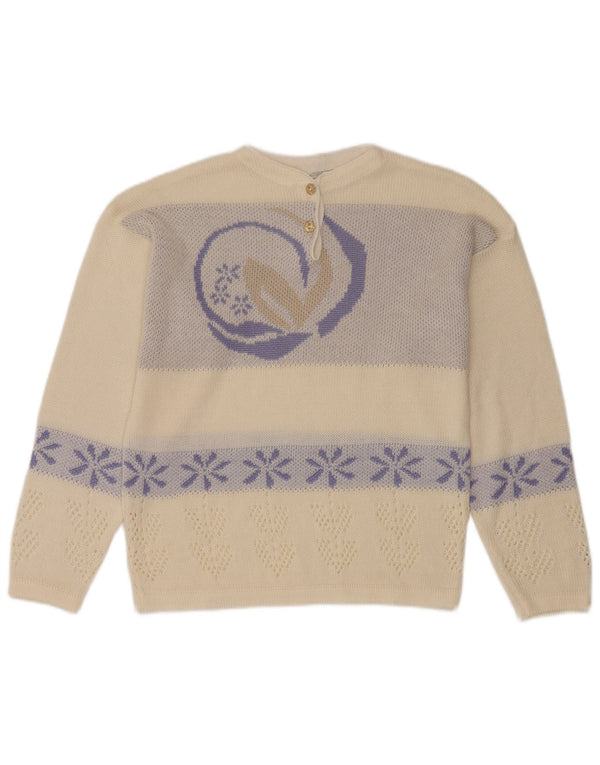 Suéter feminino vintage com gola redonda e botão UK 16 grande floral branco