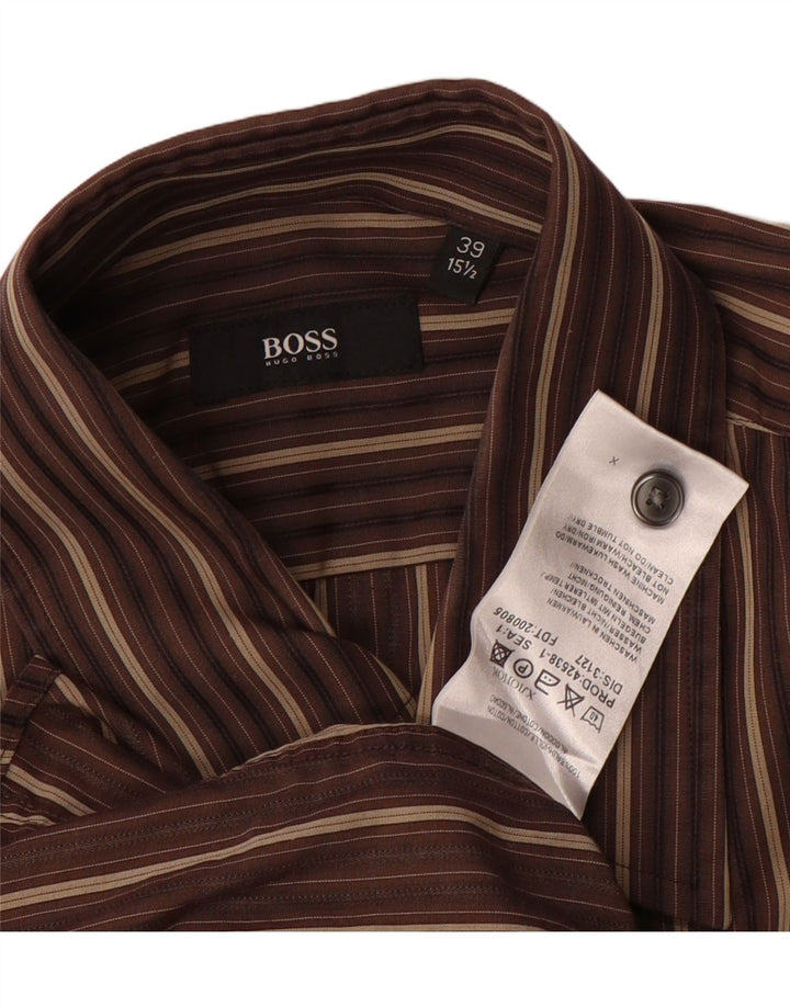 Camisa masculina Hugo Boss tamanho 39 15 /2 algodão listrado marrom médio