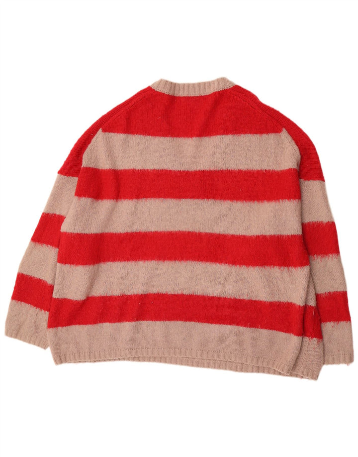 All Saints Suéter masculino grande com decote em V grande acrílico listrado vermelho