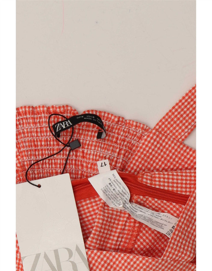 Top curto feminino sem mangas Zara Reino Unido 8 pequeno algodão guingão vermelho