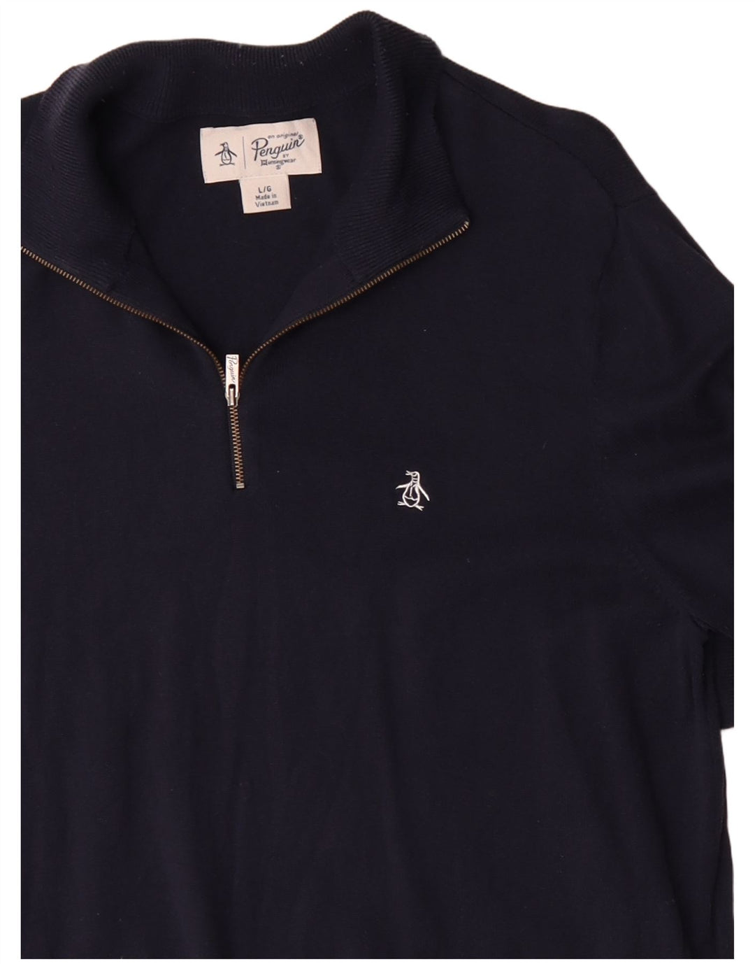 Suéter masculino Penguin com zíper e gola grande de algodão azul marinho