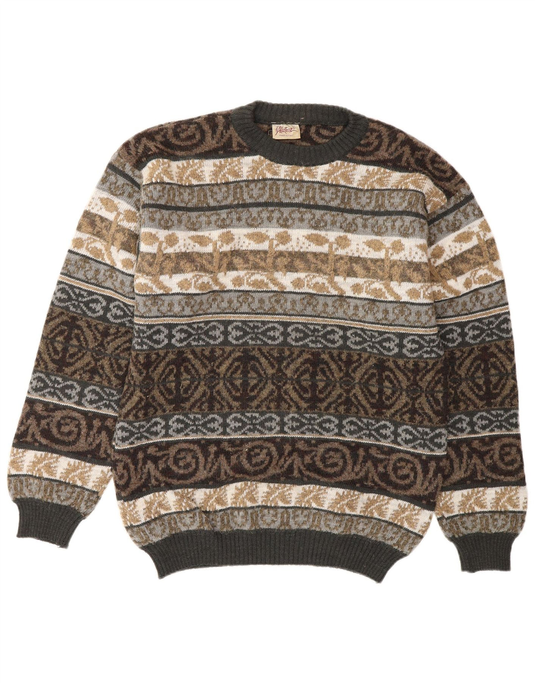 Suéter masculino VINTAGE com gola redonda, médio multicolorido de lã Fair Isle