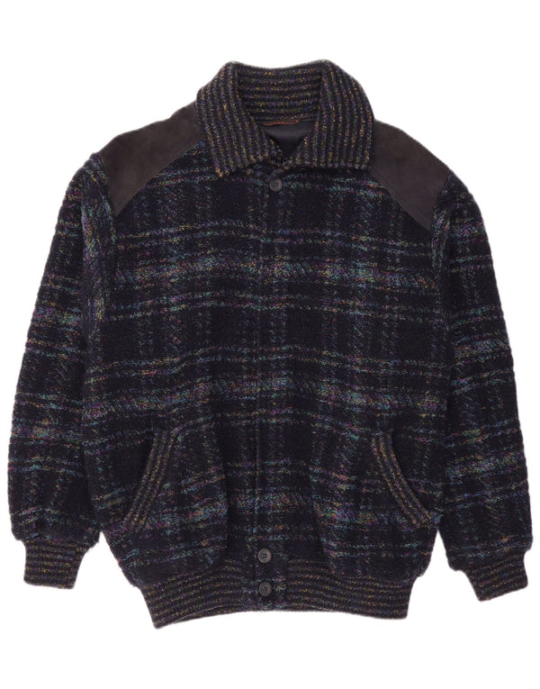 Suéter cardigã masculino vintage IT 52 grande xadrez azul marinho Mohair