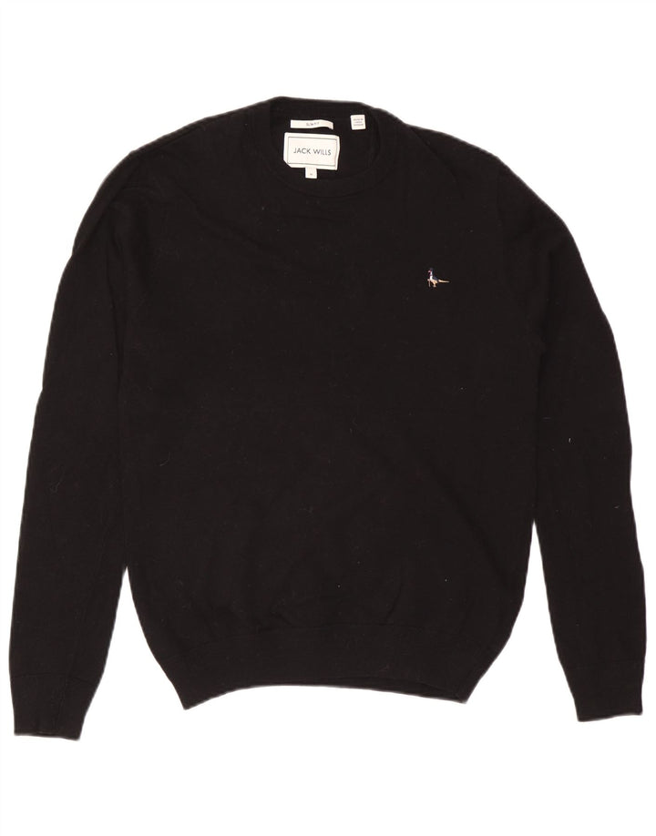 Jack Wills Suéter masculino slim fit com gola redonda, algodão preto médio