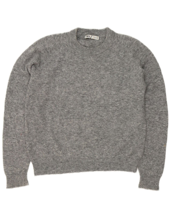 Zara Suéter feminino com gola redonda, Reino Unido 16, grande, cinza, manchado, nylon