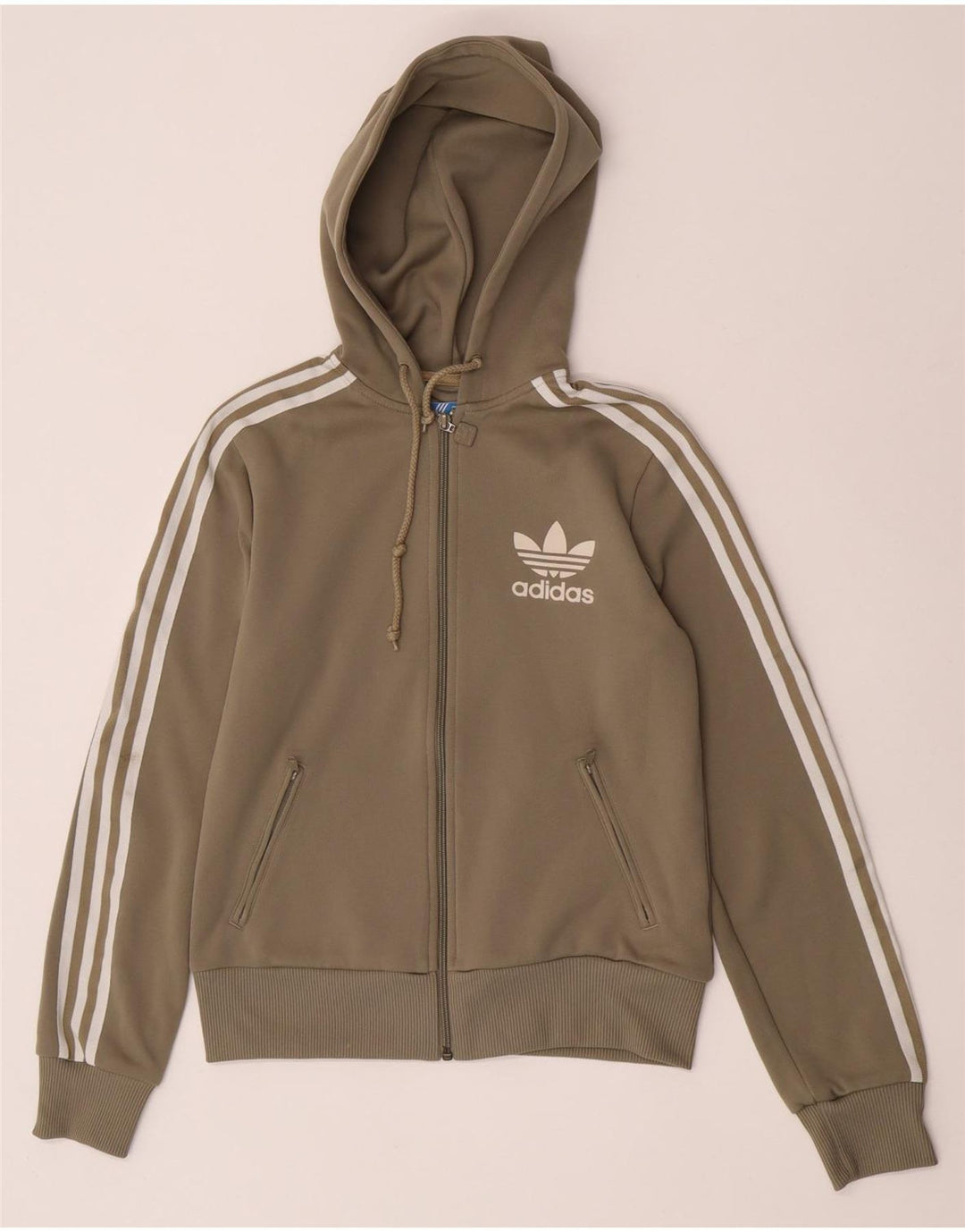 Suéter com capuz Adidas feminino com zíper UK 12 poliéster cáqui médio