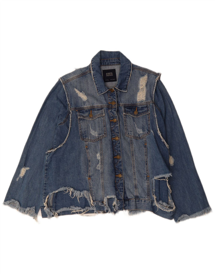 ZARA Jaqueta jeans feminina desgastada Reino Unido 16 grande algodão azul