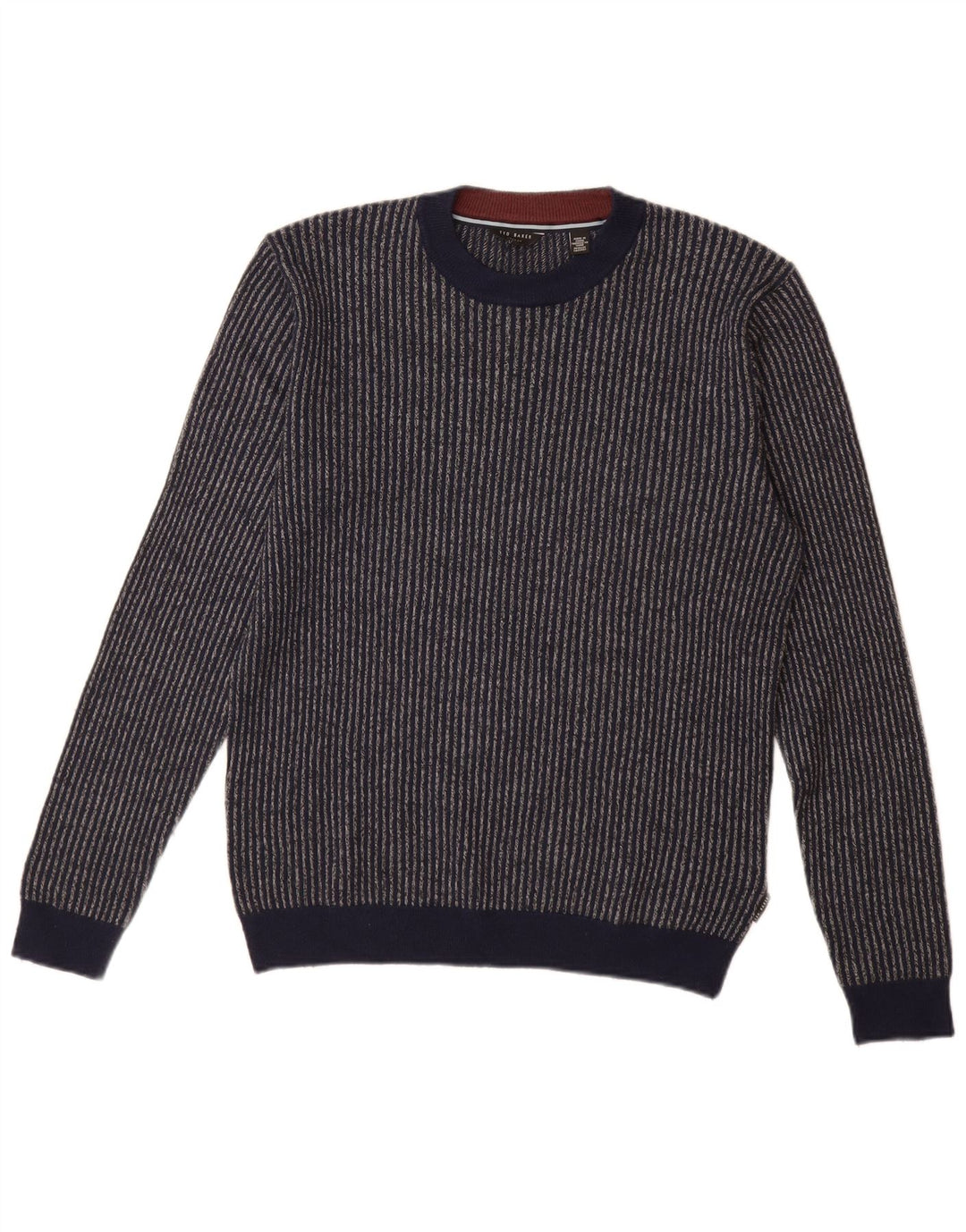 Suéter masculino Ted Baker com gola redonda tamanho 2 pequeno listrado azul marinho