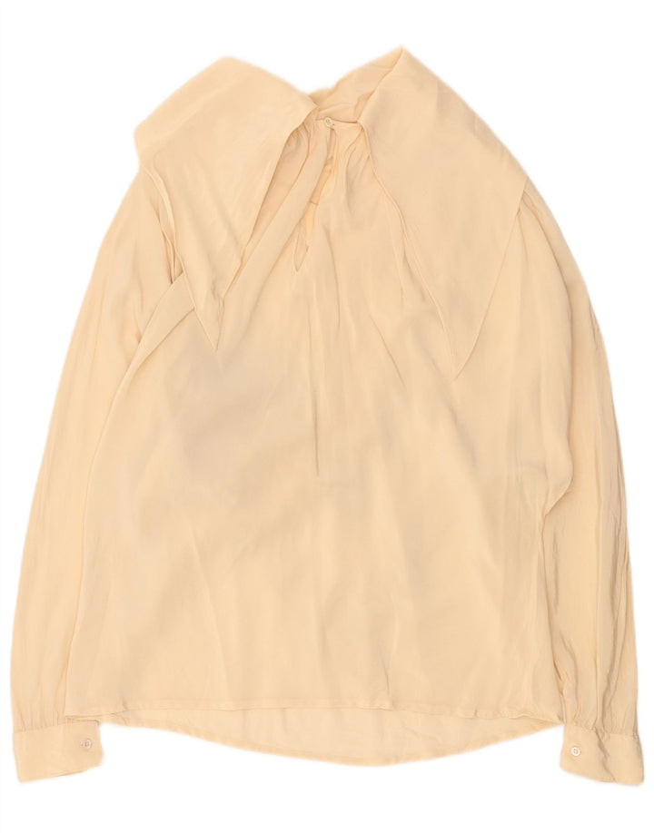 Blusa feminina vintage de manga comprida UK 14 grande seda geométrica bege