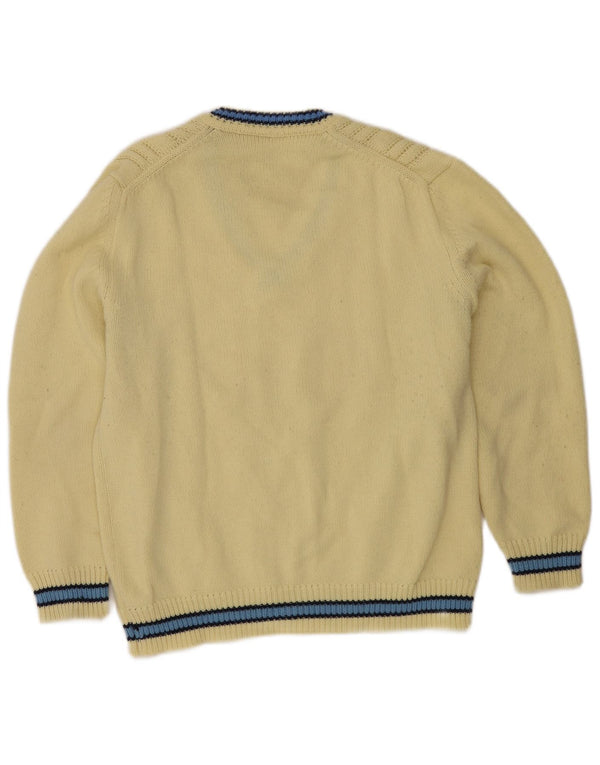 Suéter vintage masculino com decote em V grande acrílico listrado amarelo