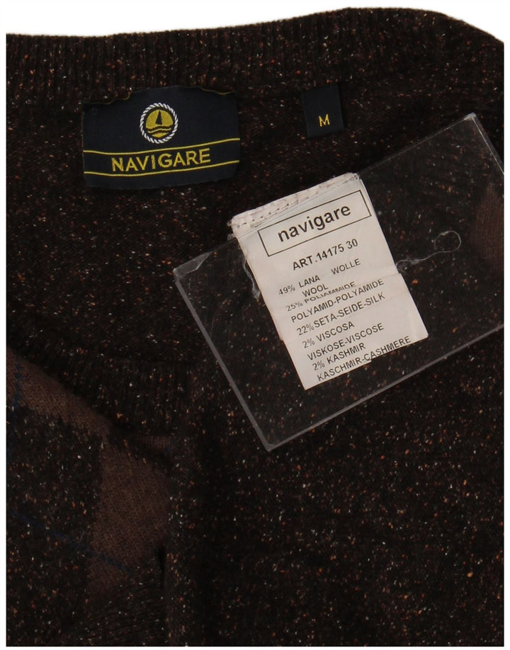 Suéter masculino Navigare com gola redonda, marrom médio, lã argilosa/diamante