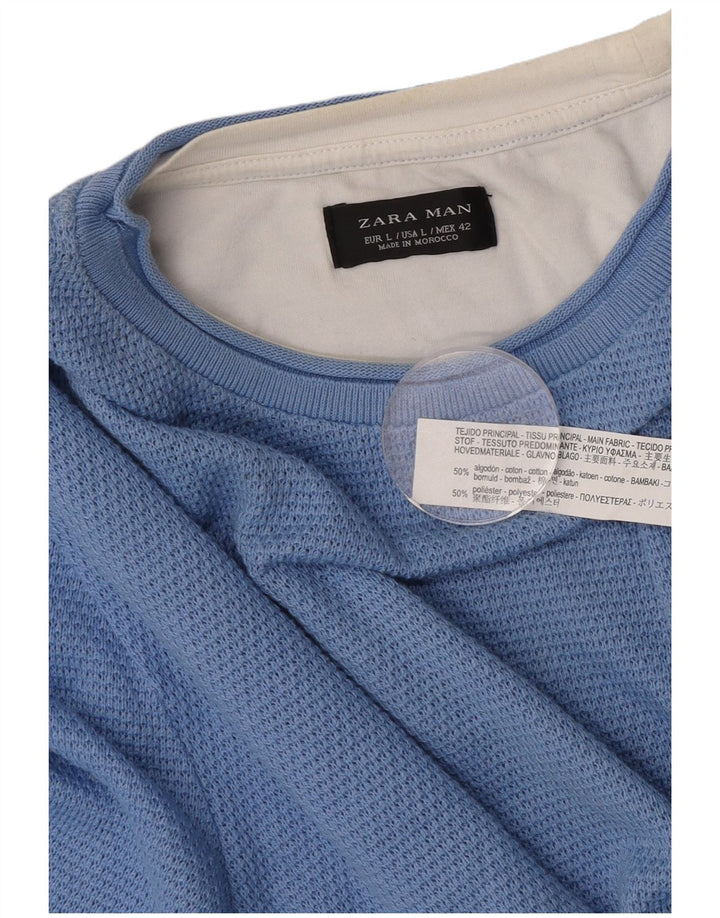 Suéter masculino Zara com gola redonda e algodão grande azul colorido