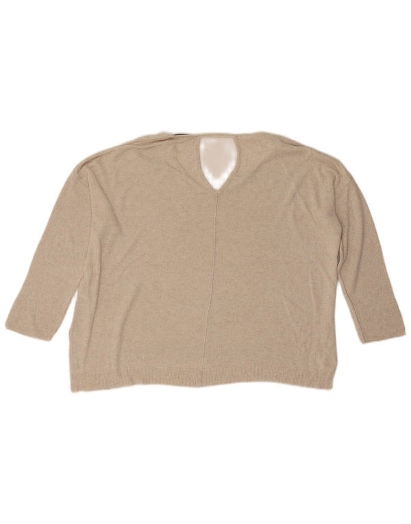 Suéter feminino Marks & Spencer manga 3/4 com decote em V Reino Unido 16 grande bege